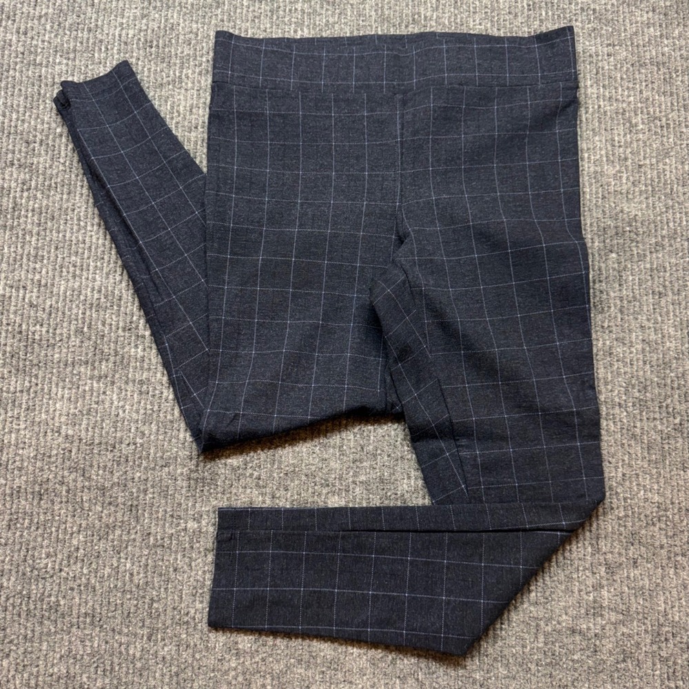 LOFT Leggings Womens M Gray Blue Windowpane Plaid Pull On Stretch Pants‎